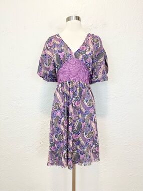 Sweet Pea Mesh Dress Y2K Fairycore Whimsigoth Boho Purple Paisley Floral Large L